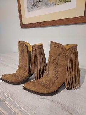 Fringed Suede Ankle Boots in Tan